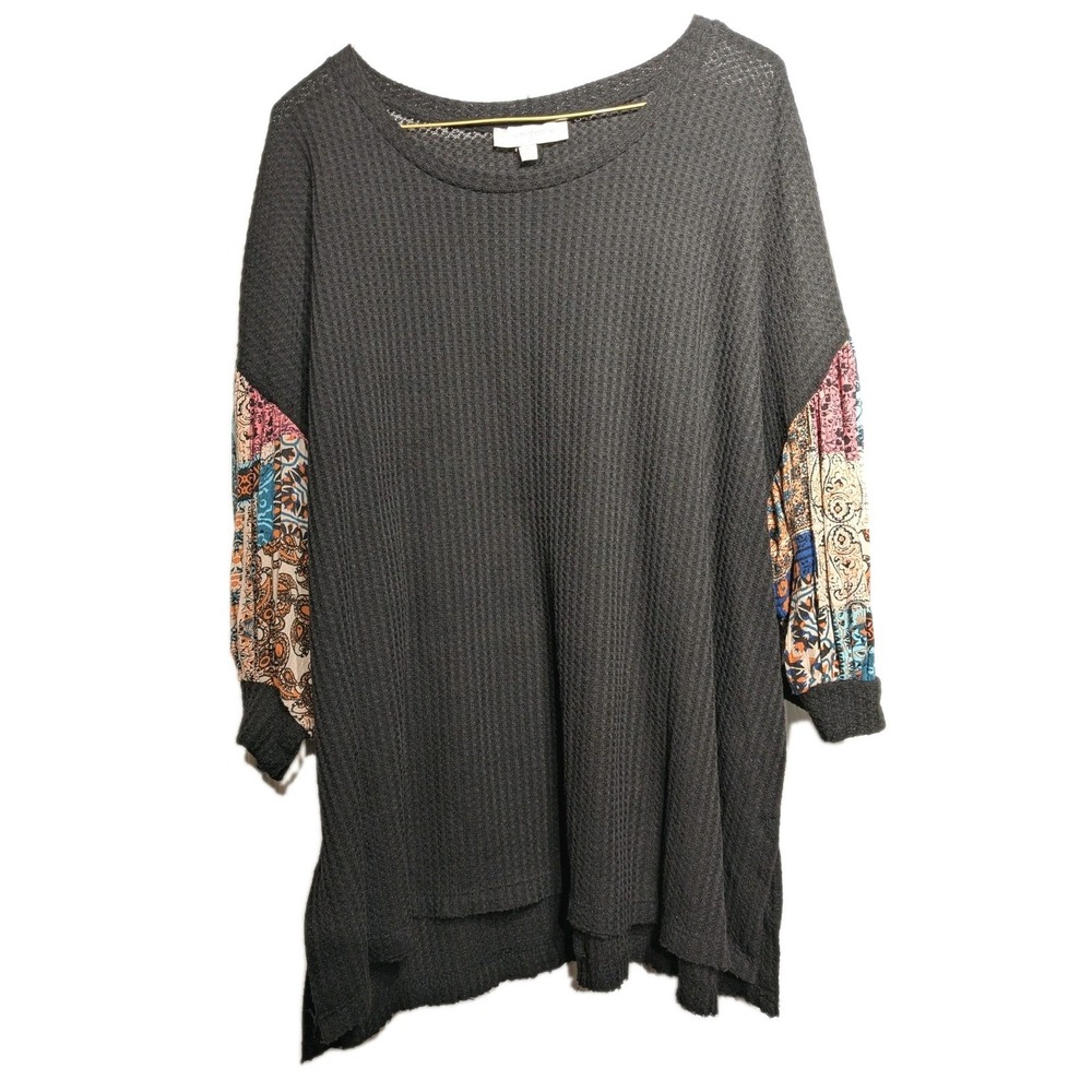 Umgee Shirt Women XL Oversized Waffle Knit Paisley Balloon Sleeve Tunic Top Boho